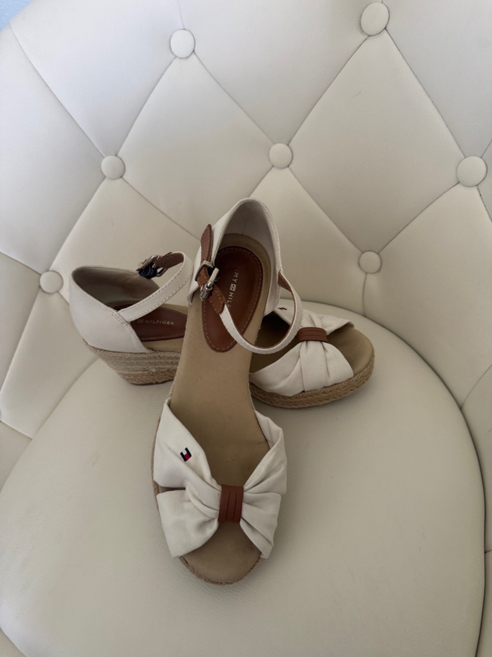 Tommy Hilfiger White Cream Wedge Espadrille Sandals with Tan Ankle Strap 6.5 - Picture 13 of 13